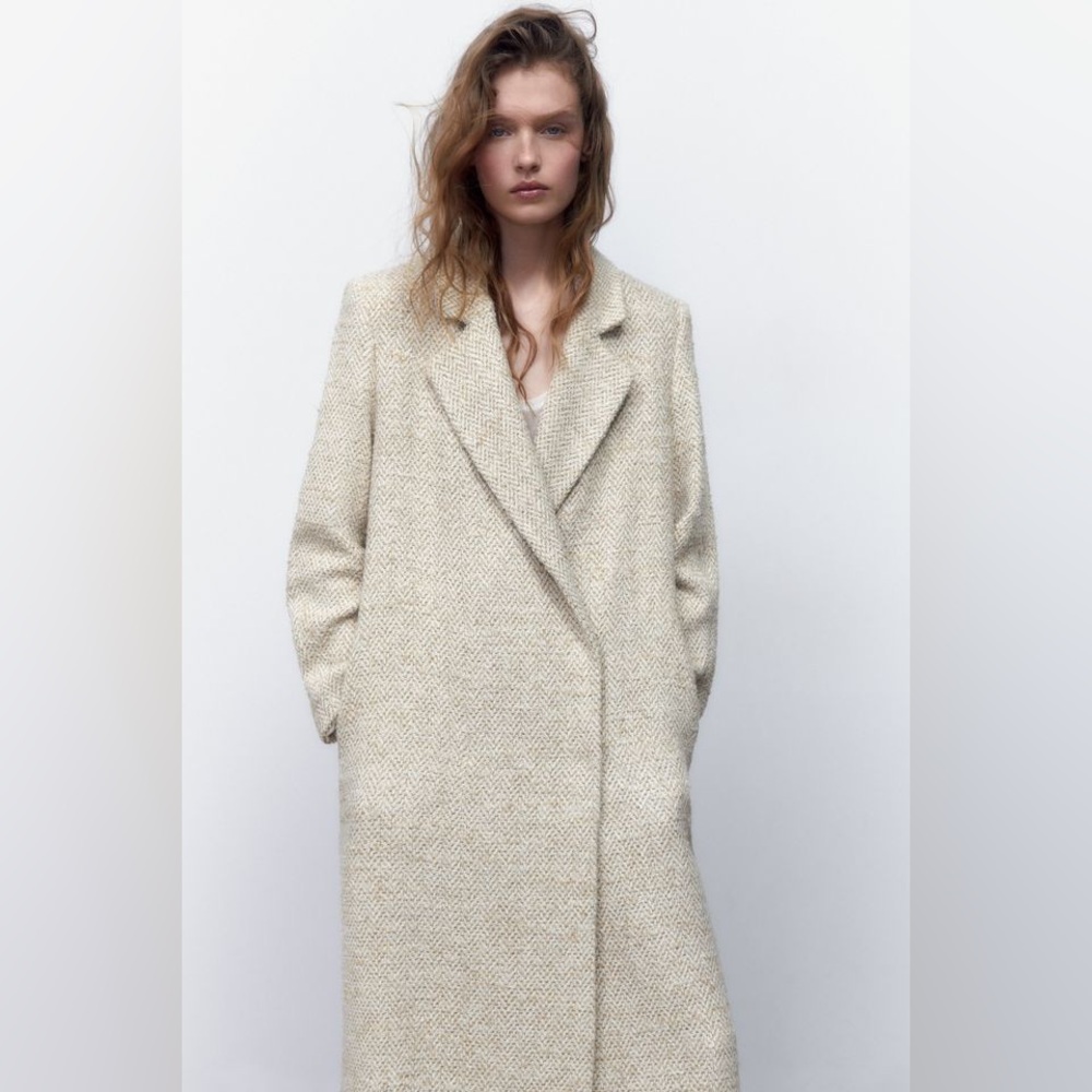 ZARA MAXI HERRINGBONE LONG COAT sz XS $169.00 - Picture 4 of 10